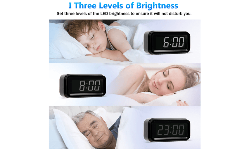 Timegyro Digital Alarm Clock Battery Operated with LED Display for Bedrooms, Long Battery Life for 12 Months, 3 Brightness Adjustable, 12/24 Hour, Snooze, Black Case with White Digits