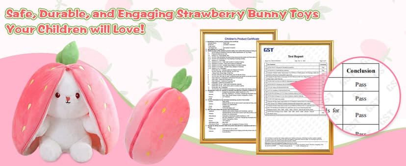 MIAODAM Bunny Stuffed Animal Reversible Cuddle Bunny Stuffed,Strawberry Bunny Transformed Rabbit Plush Zipper,Turns Into Ears Bunnies Plushies Toy Cute Stuffy Doll Easter