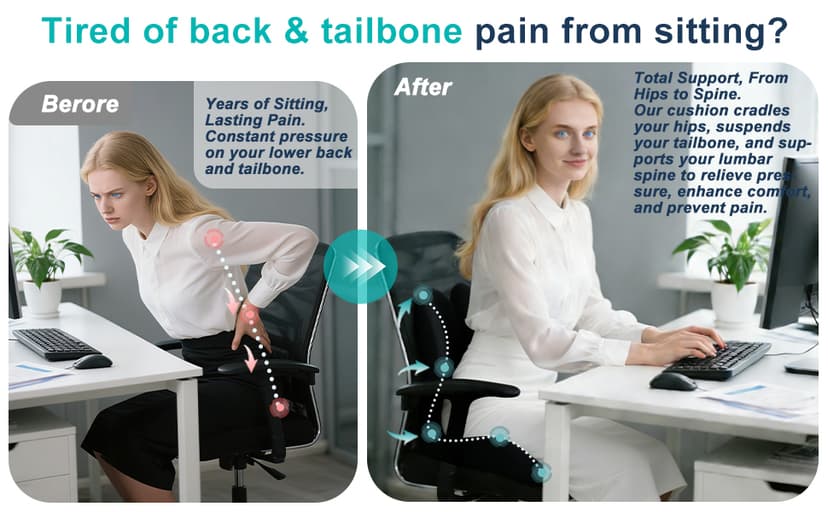 Seat Cushion for Office Chair and Car, Lumbar Support Pillow for Office Chair, Memory Foam Ergonomic Seat Cushion for Long Sitting, Back & Tailbone Pain, Sciatica - Black