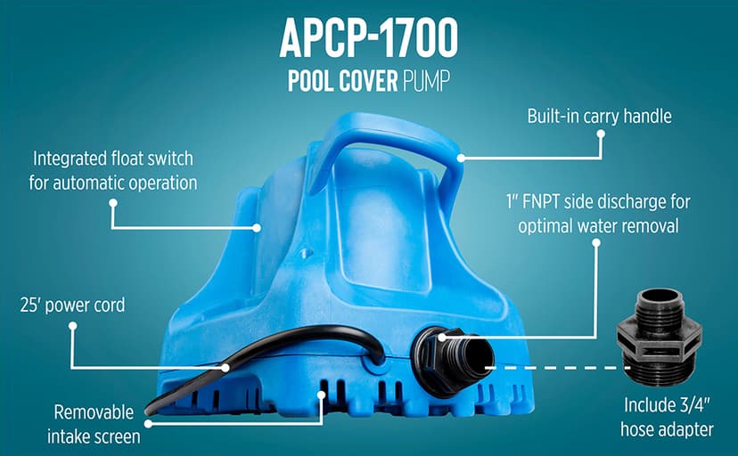 Little Giant APCP-1700 115-Volt, 1/3 HP, 1745 GPH, Automatic, Submersible, Swimming Pool Cover Pump with 25-Ft. Cord, Light Blue, 577301