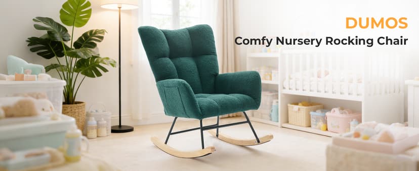 DUMOS Nursery Rocking Chair Teddy Upholstered, Comfy Glider Rocker with High Backrest Armchair Padded Seat, Accent Side Chair for Living Room Bedroom Offices Small Spaces Indoor, Green