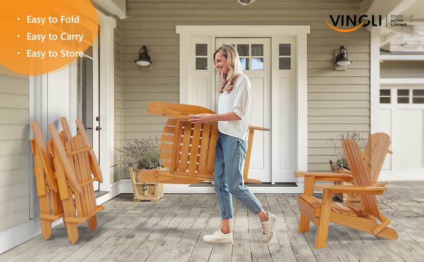 VINGLI Folding Adirondack Chairs Set of 4, Wood Adirondack Chair for Outdoor, Foldable Fire Pit Chairs for Patio, BBQ, Porch, Yard, Pool