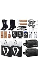 60Pcs Groomsmen Gifts Groomsmen Proposal Box with Shot Glasses Socks Sunglasses PU Leather Toiletry Bag Bottle Opener Can Cooler Groomsman Gifts for Wedding Groomsmen Best Man Gift (60, Brown)
