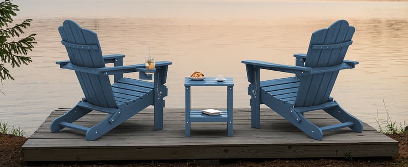 KINGYES Folding Adirondack Chair, HDPE All-Weather Patio Chairs with Cup Holder, Wooden Textured Fire Pit Chairs Recliner for Poolside, Backyard, Deck, Navy