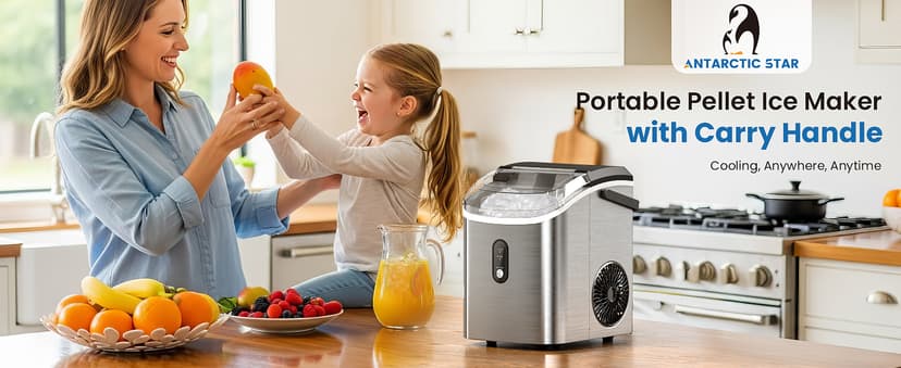 Antarctic Star Nugget Ice Makers Countertop with Auto-Cleaning, 35lbs/Day, Portable Sonic Ice Machine with Handle, Basket and Scoop for Home/Kitchen/Office/Camping(Stainless Steel Silver)