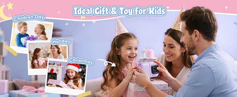 Kids Camera, 1080P Instant Digital Print Camera for Kids, Christmas Birthday Gifts for 4 5 6 7 8 9 10 Year Old Girls Boys, Portable Toy with 32GB SD Card & 3 Rolls Printing Paper, Purple