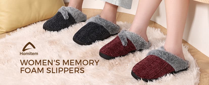Homitem Slippers for Women Fuzzy House Slip on Indoor Outdoor Bedroom Furry Fleece Lined Ladies Comfy Memory Foam Female Home Shoes Anti-Skid Rubber Hard Sole
