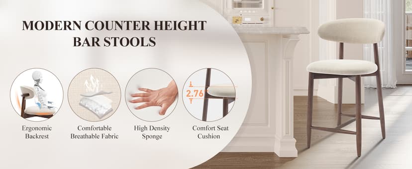 COLAMY Counter Height Bar Stools Set of 2, Kitchen Bar Stools with Back, Mid Century Modern Upholstered, with Wood Legs for Kitchen Island Dining Room, Beige