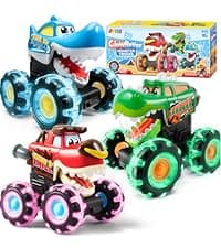 JOYIN 3 Pack Monster Truck Toy - Motion Activated Light Up Cars for Toddlers - Monster Glow Rover LED Wheels - Baby Boy Toys - Press and Go Dinosaur Trucks for Kids Boys Birthday Gifts for Christmas