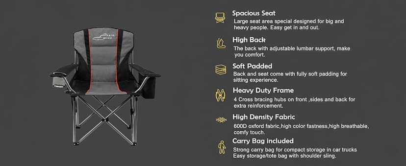 FAIR WIND 2 Pack Fully Padded Oversized Camping Chair Heavy Duty Lawn Chair Set with Adjustable Lumbar Support, Cooler Bag & Cup Holder for Camp, Outdoor,Sports - Support 500LBS