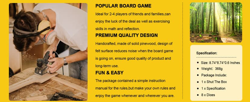 Nicecho Shut The Box Dice Game,2-4 Player Family Wooden Board Table Math Games for Adults and Kids, 8 Dices Classics Games for Classroom,Home,Party or Pub