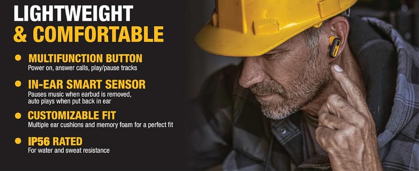 DEWALT Heavy Duty True Wireless Ear Buds, Bluetooth Headphones with Type C Charging Case Included, Over 37 Hours of Battery Life, Easy Setup for iPhone, Perfect for Jobsite, Outdoor Work, Yellow