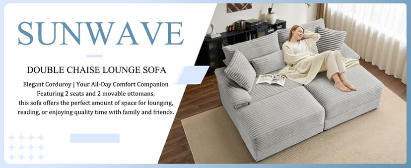 SUNWAVE 74" W Double Chaise Lounge Chair Indoor, Oversized Loveseat with Storage Ottoman, Corduroy Couch with USB Charging, Removable Ottoman, and Coffee Table Cushions for Living Room Bedroom