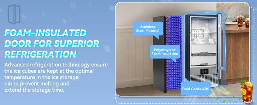 SOZT® Under Counter Ice Maker with Refrigerator Function, 120LBS/24H Commercial Ice Machine, No-Melt Ice Storage, 24H Timer & Self-Cleaning, Built-in/Freestanding for Home Bar Cafe Restaurant