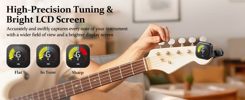 New Bee Guitar Tuner Clip-On Rechargeable with Color Screen 360° Rotatable Acoustic Chromatic Open Tuning for Guitar, Bass, Ukulele, Violin, Cello(Black, 1 Pack)