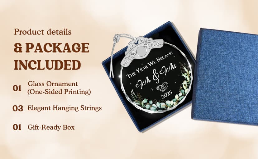 Glass Ornament - Mr & Mrs 2025 Wreath Leaf Wedding Ornaments - Newlywed Gifts for Couples 2025 - Couple Ornament for Bride and Groom - Elegant Engagement Keepsake for Christmas Tree Décor