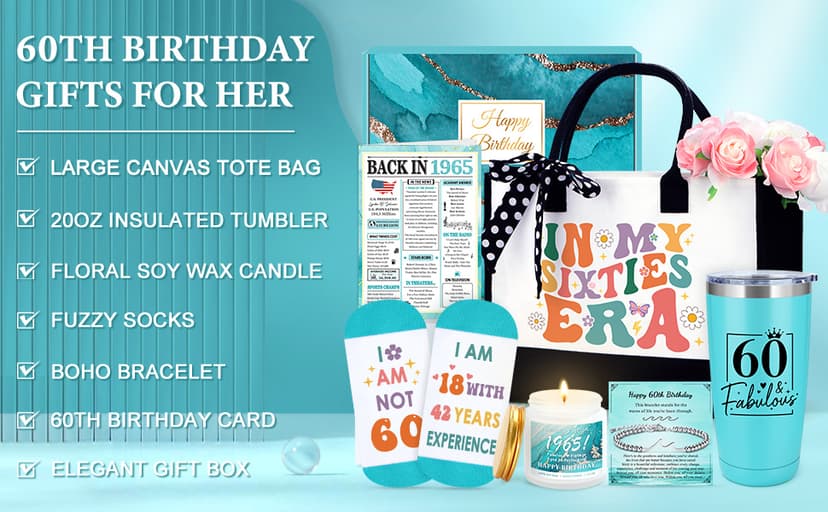 60th Birthday Gifts for Women 60 Year Old Birthday Gifts for Women Cool 1965 Gift for 60 Year Old Woman Fabulous Gift Ideas for Woman in Their 60s Happy 60th Bday Decorations with Tumbler Tote Bag