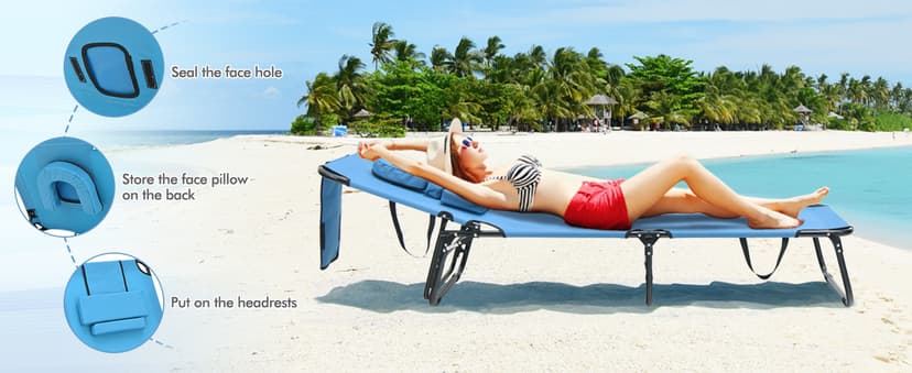 GYMAX Tanning Chair, 330lbs Beach Lounge Chair with Face Hole, Washable Pillow & Carry Strap, Adjustable Folding Chaise Lounge, Layout Lounger for Outside, Patio, Poolside, Lawn (1, Blue)