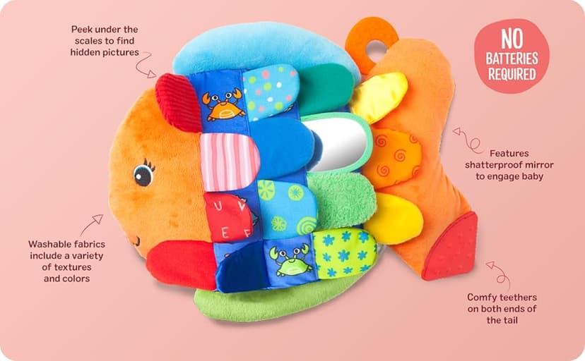 Melissa & Doug K’s Kids, Flip Fish Stuffed Animal, Soft Baby Book, Multi-Textured Squeaking & Crinkling Infant Sensory Toys for Babies with Baby Mirror, Tummy Time Toys for Infants Ages 0–9 Months