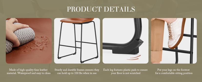 DUMOS 26 Inch Counter Height Bar Stools Set of 4, Modern Faux Leather High Barstools with Back and Metal Leg, Upholstered Bar Chairs for Kitchen Island, Brown