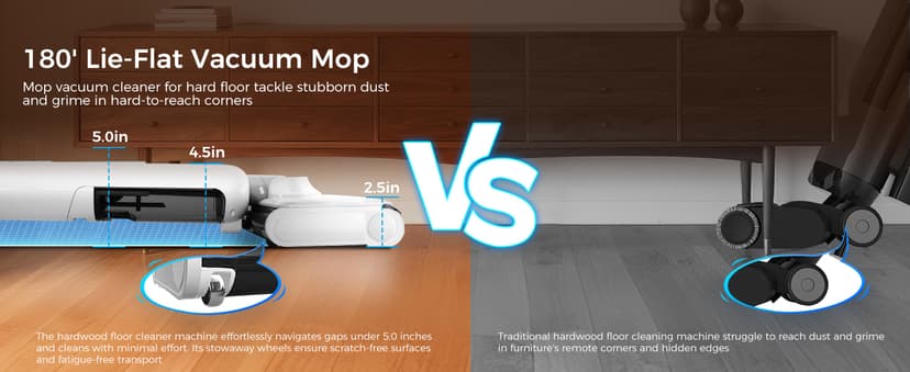 Wet Dry Vacuum Cleaner, 180°Lie-Flat Vacuum Mop All in One with Auto Self-Cleaning, Smart Floor Cleaner Machine for Hard Floor, 45 Mins Runtime, Edge Cleaning, Self-Propelled Vacuum Mop Combo