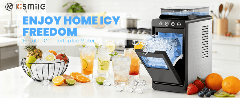 Kismile Countertop Ice Maker, Portable Ice Maker Machine 26lbs/24H, Dual Water Tank Design, Small & Large Bullet Ice, Self-Cleaning, Internal Lighting for Home Kitchen, Office & RV