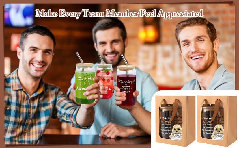 42 Pcs/6 Sets Employee Appreciation Gifts Bulk - Includes 16oz Glass Cups with Bamboo Lid, Positive Crochet, Inspirational Notebooks with Pens, Kraft Paper Gift Bags & Straw - Thank You Gifts for Coworkers, Teachers, Staff & Team B0G5MPS7K6