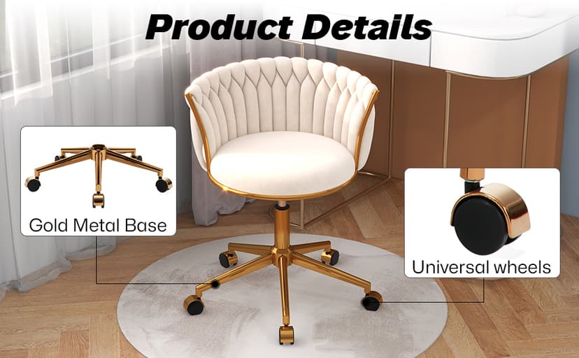 HENGJIANYI Velvet Woven Home Office Chair, Modern Swivel Desk Chair with Wheels, Height Adjustable Vanity Chair with Gold Metal Base and Hand Weaving Back, Beige