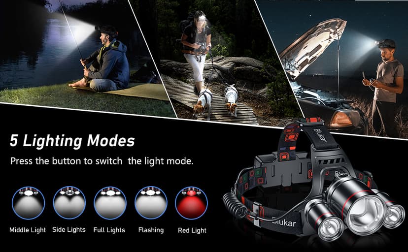 Blukar LED Rechargeable Headlamp,Super Bright Rechargeable Headlight Flashlight-3 Lights 5 Modes,Zoomable,Spotlight&Floodlight Combination,IPX6 Waterproof,20+Hrs Runtime for Running,Hiking,Camping etc