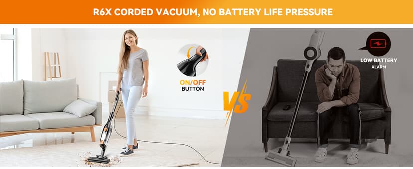 Vazone R6X Corded Stick Vacuum Cleaners for Home, 30Kpa Powerful Suction Stick Vacuum with 16Ft Cord, 2 in 1 Lightweight Handheld Vacuum Cleaner for Hardwood Floor Pet Hair