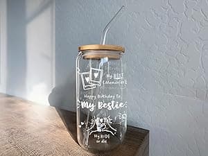 Best Friend Birthday Gifts for Women Friendship - Happy Birthday to My Bestie Glass Cups with Lids and Straws, Funny Presents for Bff Friends Coworkers Unique, Cute Iced Coffee Cup, 16 oz