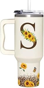 Personalized Birthday Gifts For Women - Sunflower Gifts For Women, Mom - Christmas Gifts For Womens, Mother's Day Gift For Mom, Boss - Monogrammed, Initial Tumbler Handle 40oz W Lids & Straws, K