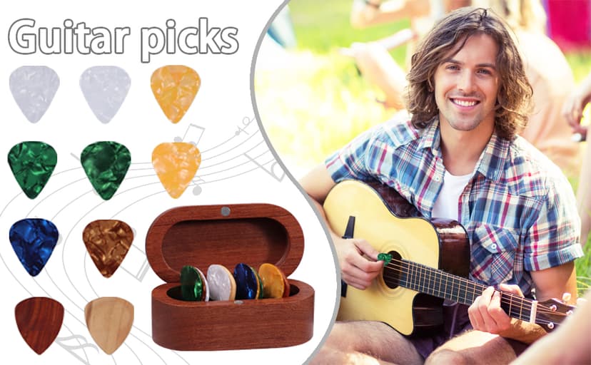 Walnut Guitar Plectrum Holder Set with 2 Color Wood Plectrums and 8 Celluloid Plectrums (4 Thicknesses),Mini Jewelry Box,Brown Wooden Trinkets,Box Size 3.35 * 1.77 * 1.57 inch (Wood color)