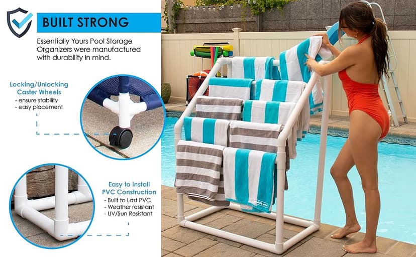 Essentially Yours Pool Storage Equipment Organizer Holder - Noodles, Toys, Balls and Floats Mesh Rolling Double Decker Bin, Large with Noodle Holder, (35.3" W x 23" L x 59.4" H), Brown Style 561935