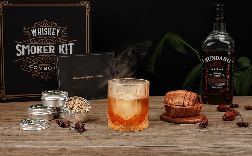 Whiskey Smoker Kit with Torch - 6 Flavors Wood Chips, 2 Glasses, 2 Ice Ball Molds - Cocktail Smoker Infuser Kit, Old Fashioned Drink Smoker Kit, Birthday Bourbon Whiskey Gifts for Men,Dad(NO Butane)