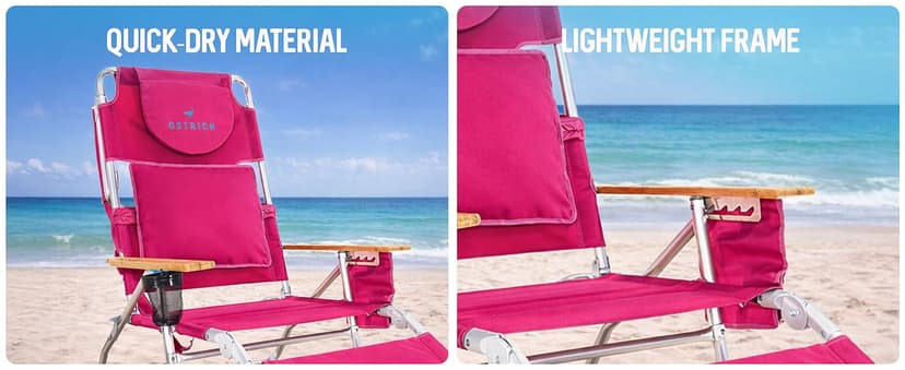 Ostrich the Deluxe 3N1 Lightweight Lawn Beach Reclining Lounge Chair with Footrest, Outdoor Furniture for Patio, Balcony, Backyard, or Porch, Pink