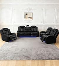 Saxum Tegmen Living Room Furniture Sets, Leather Recliner Sofa, Sectional Sofa Set with Convertible Table & Cup Holders, 3 Pieces Furniture for Living Room/RV/Office (3 Pieces Set, Brown Leather)