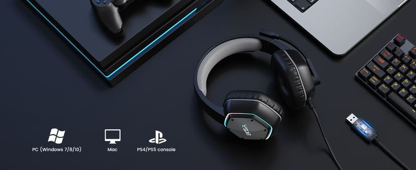 EKSA E1000 USB Gaming Headset for PC, Computer Headphones with Microphone/Mic Noise Cancelling, 7.1 Surround Sound, RGB Light - Wired Headphones for PS4, PS5 Console, Laptop, Call Center