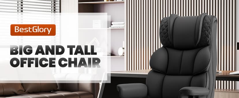 BestGlory Office Desk Chair, Big and Tall Leather Gaming Chair with Footrest, Wide Ergonomic Comfy Executive High-Back Reclining Computer Chairs, Swivel Rolling Wheels and Padded Lumbar Support, Black