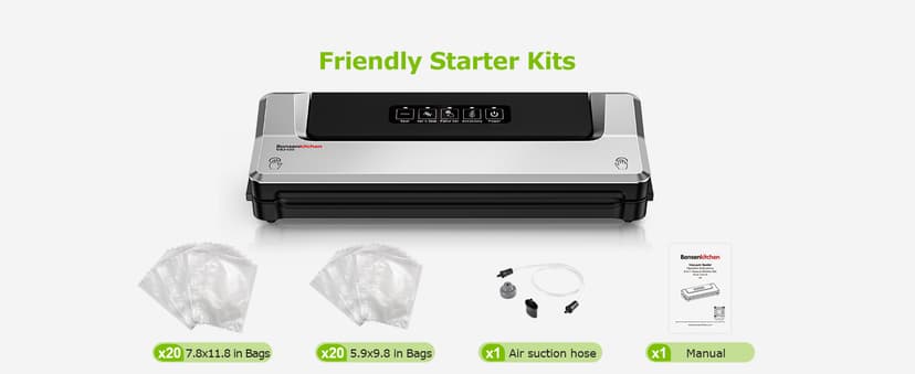 Bonsenkitchen Vacuum Sealer Machine with 40 Bags | Compact Food Sealer for Kitchen Storage & Meal Prep | Multiple Modes | External Vacuum System, Silver