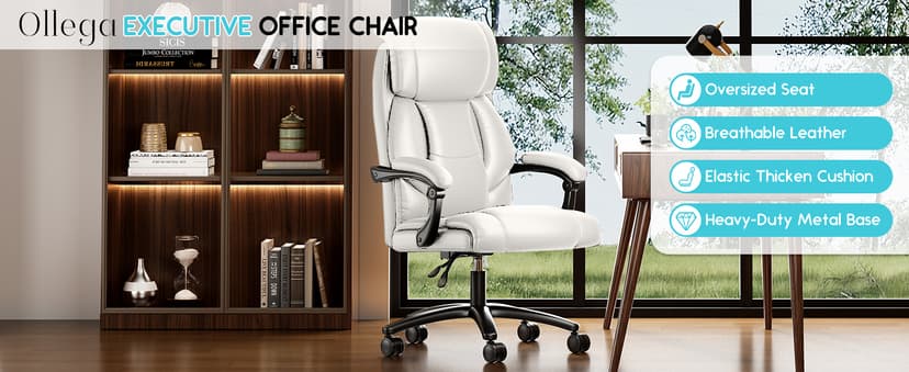 Ollega Reclining Office Chair, Executive Big and Tall Office Chair with Wide Seat, Recliner Leather High Back Computer Desk Chairs (White)