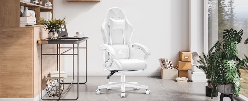 White Gaming Chair,Ergonomic Massage Computer Office Desk Chair with Footrest,Pocket Spring Cushion,Reclining Leather Adjustable Gamer Chair with Headrest and Lumbar Support,White