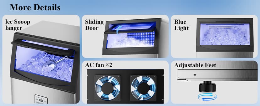 Commercial Ice Maker,200 lbs/24H,96 Cubes in 14 Mins,Stainless Steel Ice Machine with 33 lbs Storage Capacity,Water Filter,Self-Cleaning,Under Counter/Freestanding Ice Maker for Restaurant,Cafe,Home