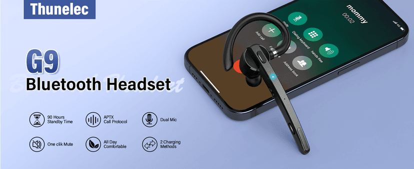 Thunelec Bluetooth Headset, Wireless Bluetooth 5.3 Earpiece, 90Hrs Hands Free Headset with APTX HD Audio & Mute Button, Dual Noise Cancelling Mics, Single-Ear Headphone for Trucker/Business/Office/Gym