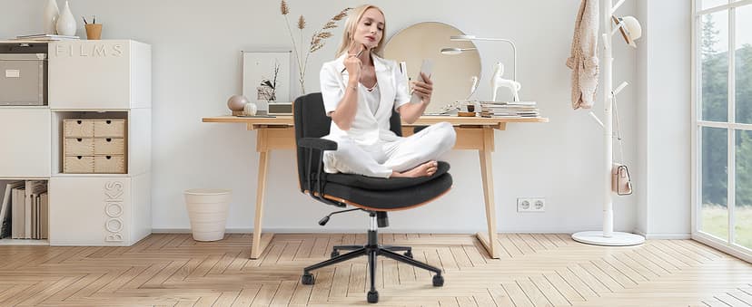 Home Office Desk Chair with Armrests & Wheels, Modern Walnut Swivel Rolling Executive Task Chair, Height Adjustable Ergonomic Computer Chair, Black Fabric