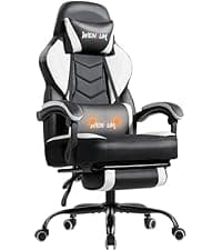 Gaming Chair with Footrest, Ergonomic PC Desk Chair with Headrest and Massage Lumbar Support, Video Game Chair with Height Adjustable High Back for Home Office, PU Leather, White