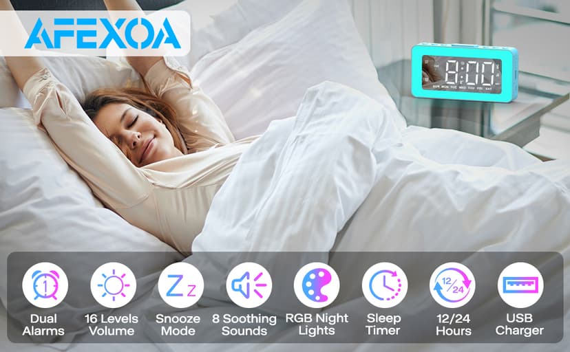 AFEXOA RGB Night Light Alarm Clock for Kids, Teenagers, Adults, Mirrored Clock with Dual Alarms, Snooze, LED Display, USB Charger, Small Dimmable Alarms for Bedtime