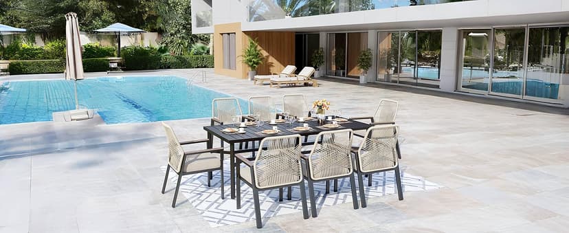 MIXPATIO 7 Pieces Round Outdoor Dining Set for 6, Patio Dining Set Wicker Rattan Chairs with Soft Cushion and 54" Round Table with Umbrella Hole, Round Patio Table and Chairs for Backyard Porch
