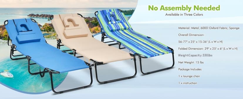 GYMAX Tanning Chair, 330lbs Beach Lounge Chair with Face Hole, Washable Pillow & Carry Strap, Adjustable Folding Chaise Lounge, Layout Lounger for Outside, Patio, Poolside, Lawn (1, Blue)