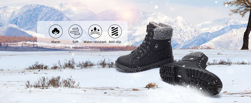 FRACORA Women's PU Leather Combat Boots Warm Fur Lined Black Ankle Booties Side Zipper White Boots Non-slip Winter Boots